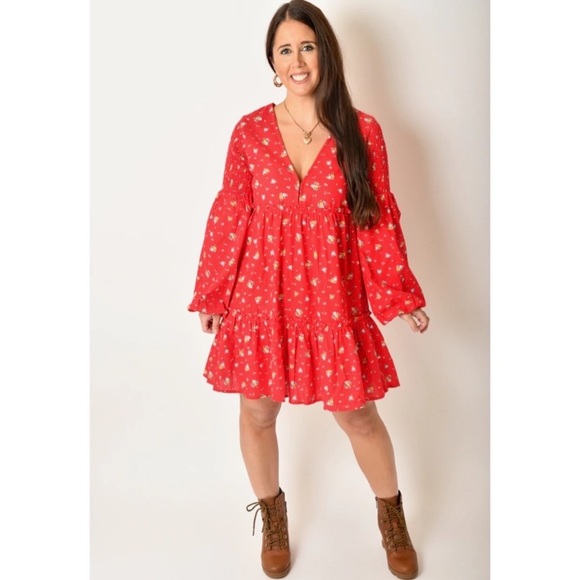 Billabong x Wrangler Falling for You Floral V-Neck Red Long Sleeve Mini Dress - Picture 15 of 16